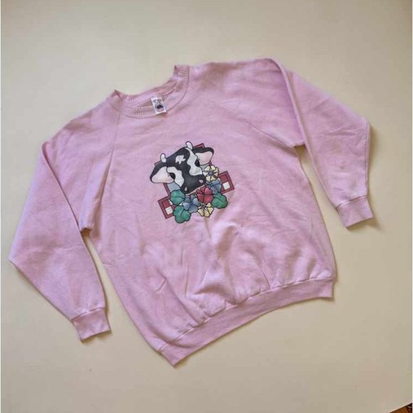 Vintage Sweaters - 90s vintage Fruit of the Loom Pink Cow Sweatshirt
